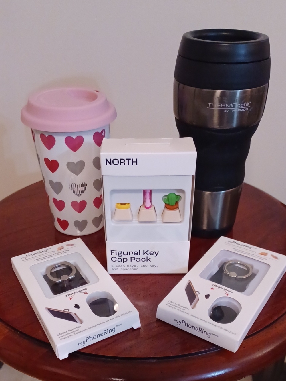 Key Cap Pack with Pink Heart Travel Mug and Thermos Tumbler And 2 Phone Rings